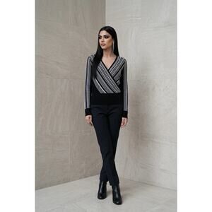 White House Black Market Black & White Striped Long Sleeve Faux Wrap Sweater M